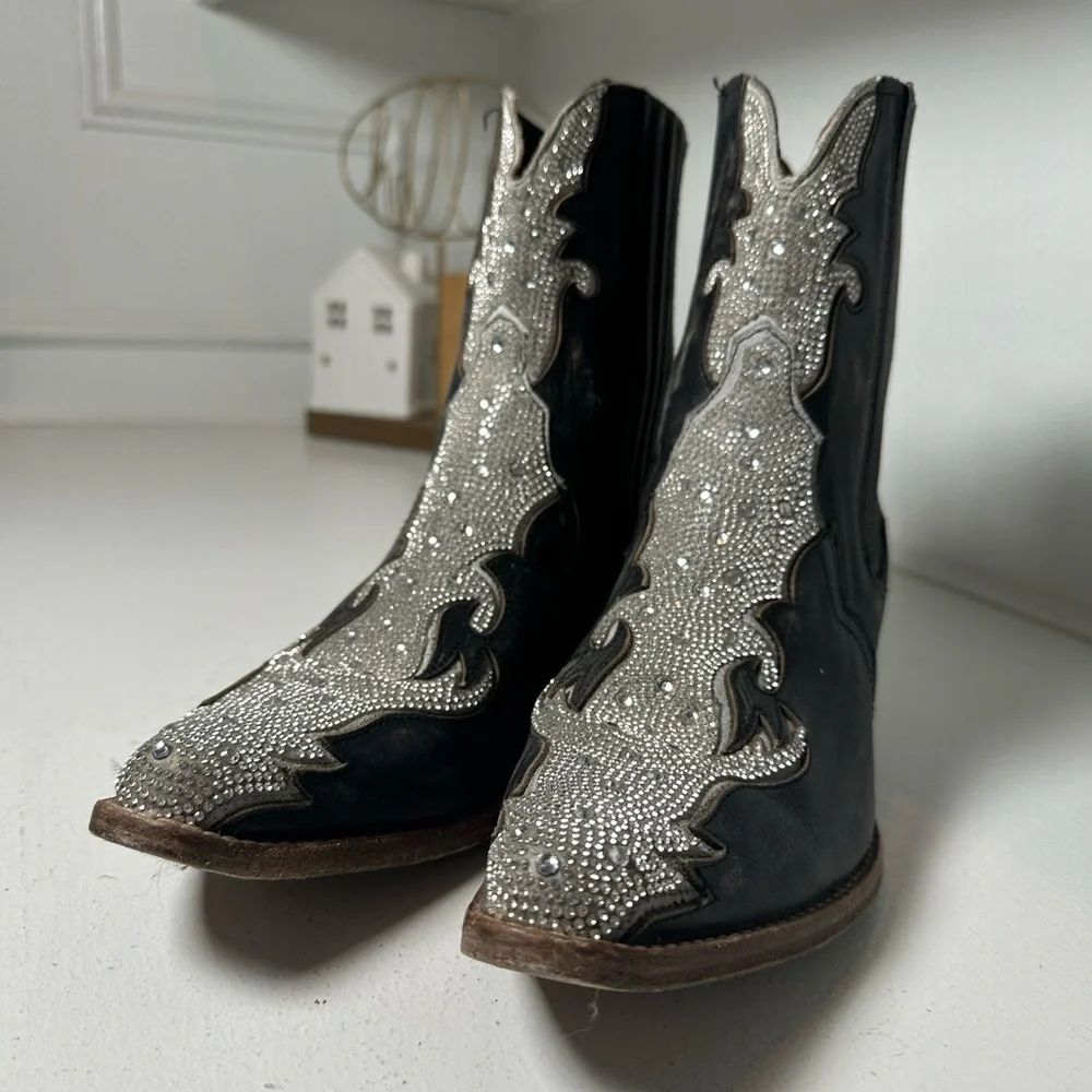 Dan Post Western Ankle Boots Women’s 9.5 Black Leather w/ Silver Inlay Cowboy - Picture 4 of 9
